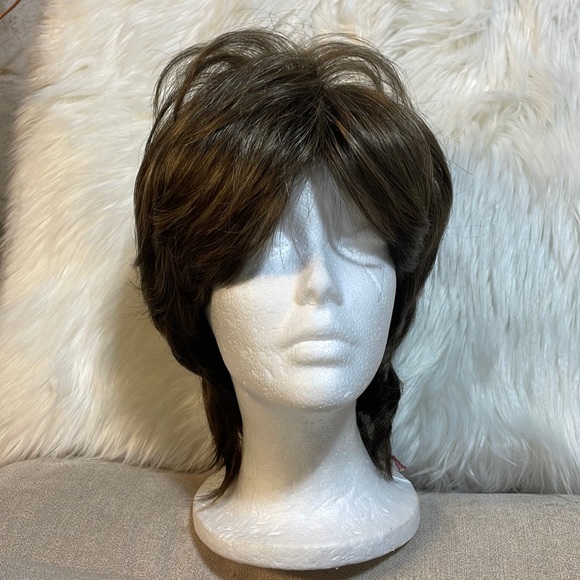 NWT 11” coffee brown w blonde babylights no parting wispy bangs layered puff wig - Picture 13 of 16